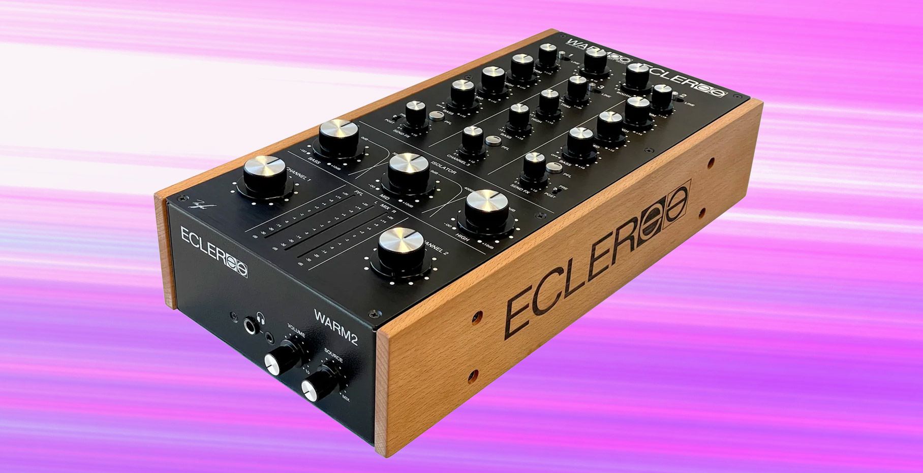 a two channel rotary DJ mixer designed by Ecler with wooden sides and big chunky rotary dials on top