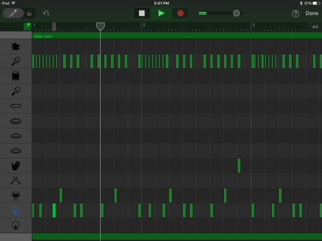 The drum MIDI editor inside of GarageBand for iOS 2.1. 